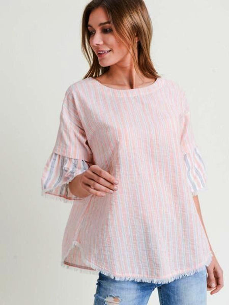 Apricot Stripe Ruffle Sleeve Frayed Edges Top - The Pointe Boutique