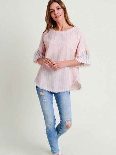 Apricot Stripe Ruffle Sleeve Frayed Edges Top - The Pointe Boutique