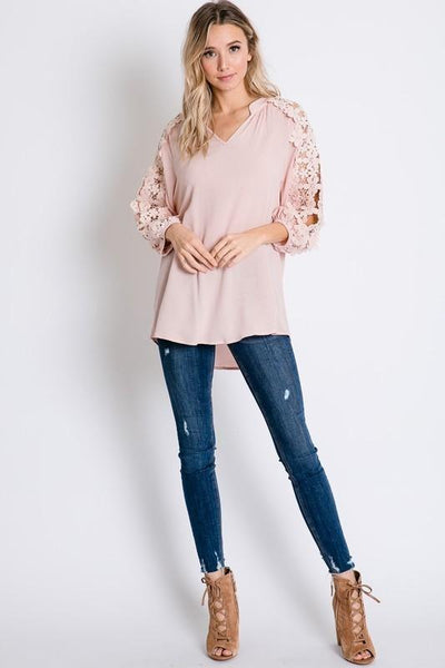 Baby Pink Floral Lace Detailed Sleeve Solid Top - The Pointe Boutique