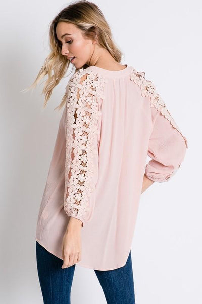 Baby Pink Floral Lace Detailed Sleeve Solid Top - The Pointe Boutique