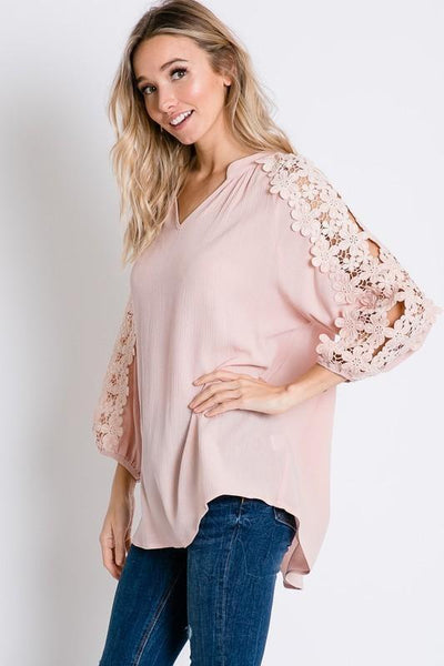 Baby Pink Floral Lace Detailed Sleeve Solid Top - The Pointe Boutique