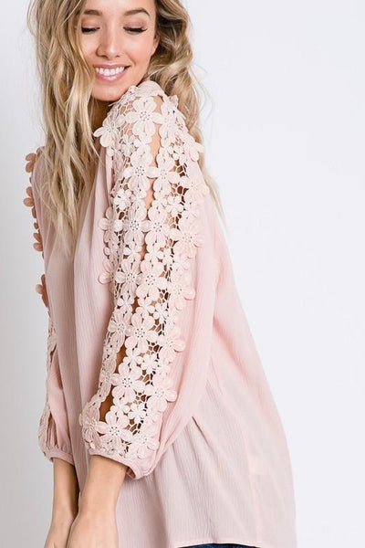 Baby Pink Floral Lace Detailed Sleeve Solid Top - The Pointe Boutique