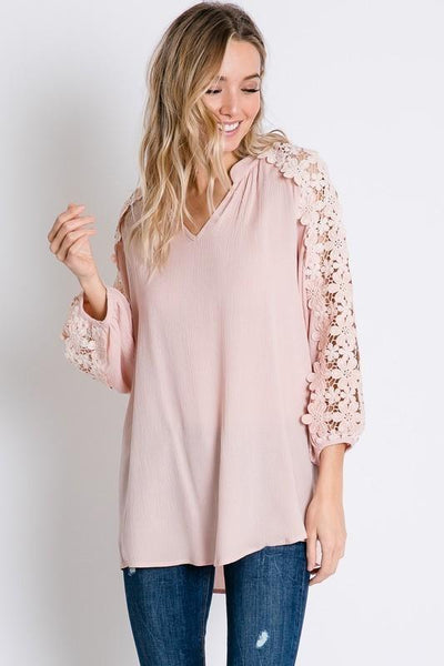 Baby Pink Floral Lace Detailed Sleeve Solid Top - The Pointe Boutique