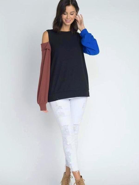 Black Color Block Open Shoulder Sweater Top - The Pointe Boutique