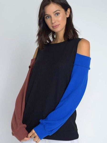 Black Color Block Open Shoulder Sweater Top - The Pointe Boutique
