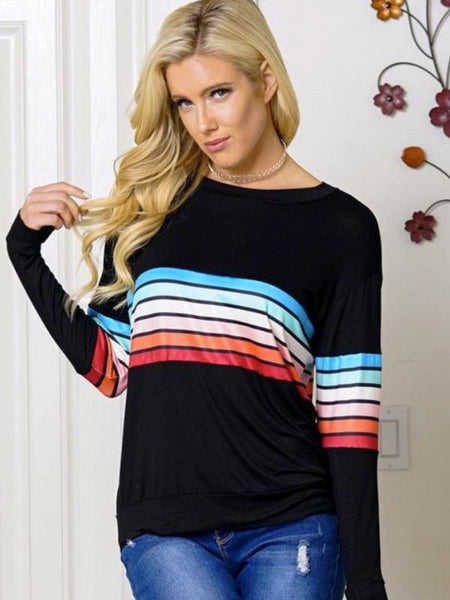 Black Multi Color Stripe Long Sleeve Top Featuring Round Neck - The Pointe Boutique