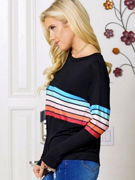 Black Multi Color Stripe Long Sleeve Top Featuring Round Neck - The Pointe Boutique