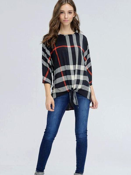Black Plaid Print Three Quarter Sleeve Front Tie Top - The Pointe Boutique