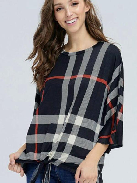 Black Plaid Print Three Quarter Sleeve Front Tie Top - The Pointe Boutique