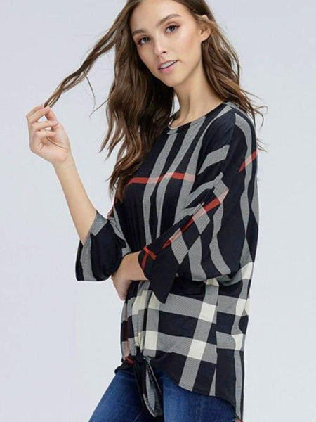 Black Plaid Print Three Quarter Sleeve Front Tie Top - The Pointe Boutique