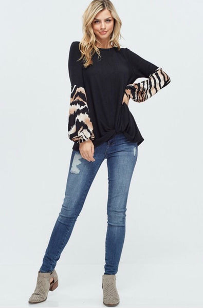 Black Solid Knit Sweater with Tiger Print Long Puff Sleeves - The Pointe Boutique