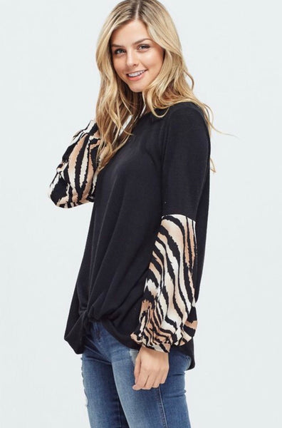 Black Solid Knit Sweater with Tiger Print Long Puff Sleeves - The Pointe Boutique