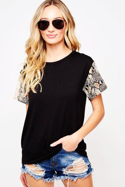 Black Solid T-Shirt with Snake Print Short Sleeve - The Pointe Boutique