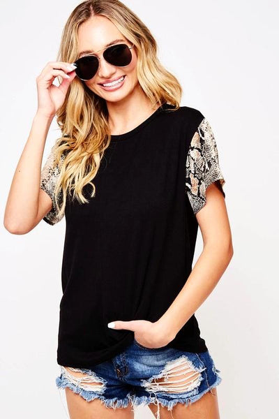 Black Solid T-Shirt with Snake Print Short Sleeve - The Pointe Boutique