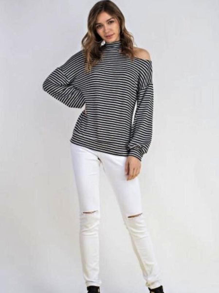 Black Striped French Terrry Mock Neck Open One Shoulder Top - The Pointe Boutique
