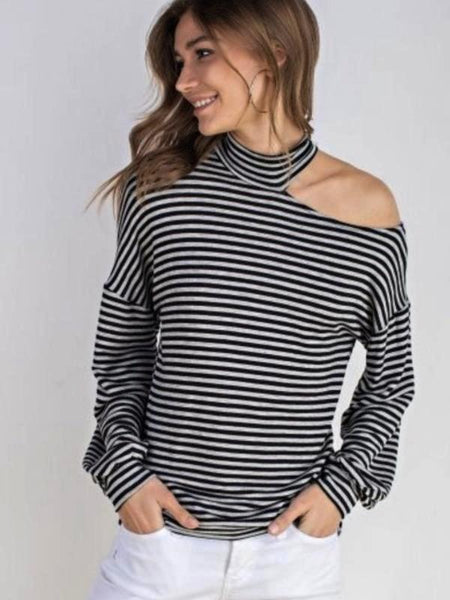 Black Striped French Terrry Mock Neck Open One Shoulder Top - The Pointe Boutique