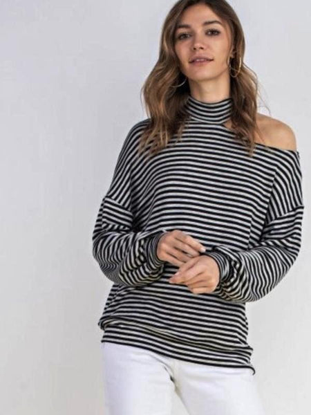 Black Striped French Terrry Mock Neck Open One Shoulder Top - The Pointe Boutique