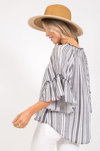 Black Striped Peasant Top - The Pointe Boutique