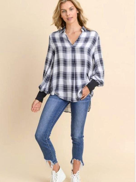 Black/Ivory Plaid Knit Trimmed Sleeve Top - The Pointe Boutique