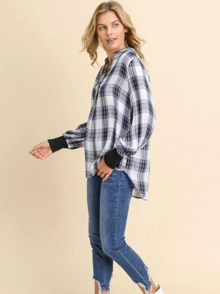 Black/Ivory Plaid Knit Trimmed Sleeve Top - The Pointe Boutique