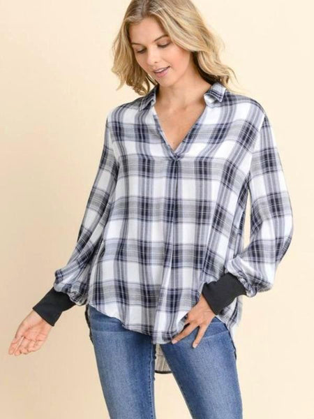 Black/Ivory Plaid Knit Trimmed Sleeve Top - The Pointe Boutique