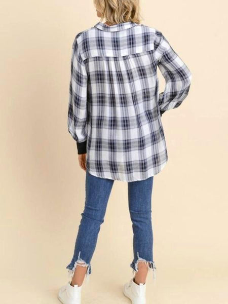 Black/Ivory Plaid Knit Trimmed Sleeve Top - The Pointe Boutique