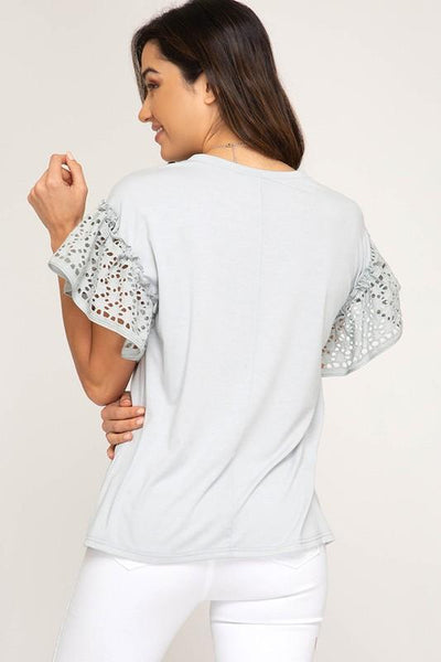 Blue Grey Ruffled Short Sleeve Knit Top - The Pointe Boutique