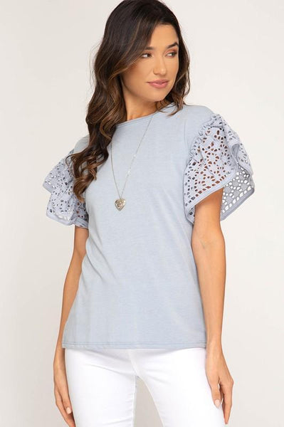 Blue Grey Ruffled Short Sleeve Knit Top - The Pointe Boutique