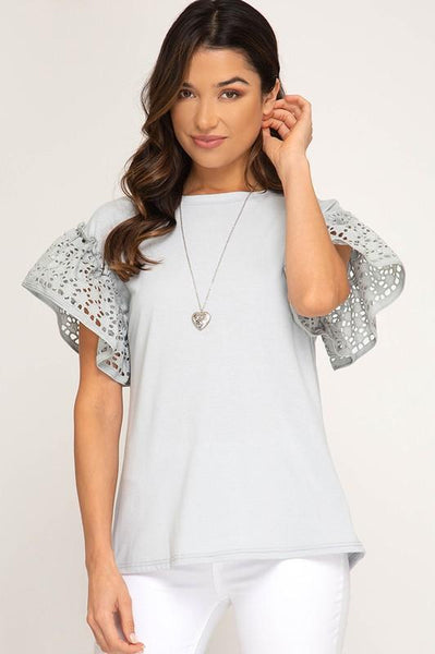 Blue Grey Ruffled Short Sleeve Knit Top - The Pointe Boutique