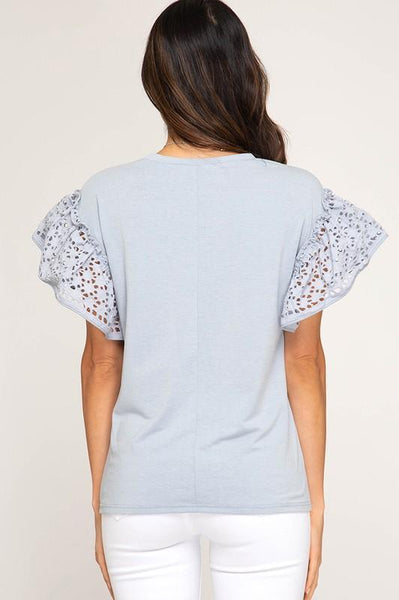 Blue Grey Ruffled Short Sleeve Knit Top - The Pointe Boutique