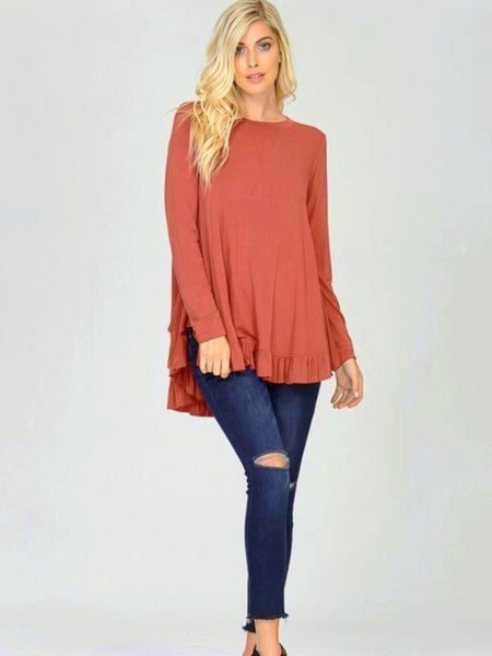 Brick Long Sleeve Frilled Hem Top - The Pointe Boutique