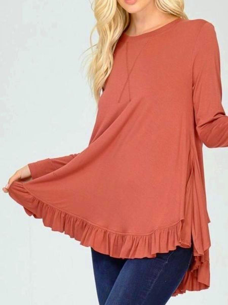 Brick Long Sleeve Frilled Hem Top - The Pointe Boutique