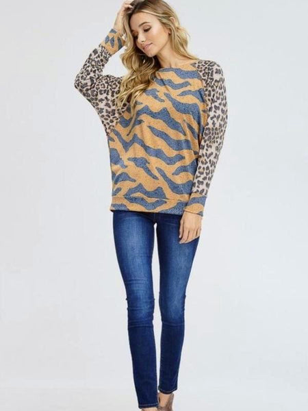 Brown Tiger Print Knit Top Featuring Round Neck And Cheetah Raglan Sleeve - The Pointe Boutique