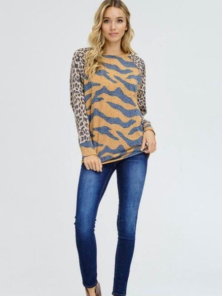 Brown Tiger Print Knit Top Featuring Round Neck And Cheetah Raglan Sleeve - The Pointe Boutique