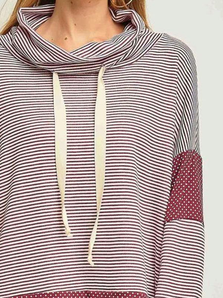 Burgundy Striped & Polka - Dot Cowl Neck Top with Drawstring - The Pointe Boutique