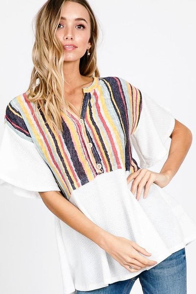 BUTTON UP MULTI STRIPE TOP - The Pointe Boutique