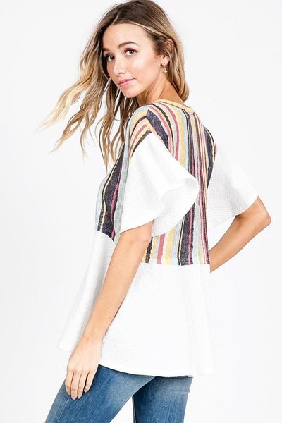 BUTTON UP MULTI STRIPE TOP - The Pointe Boutique