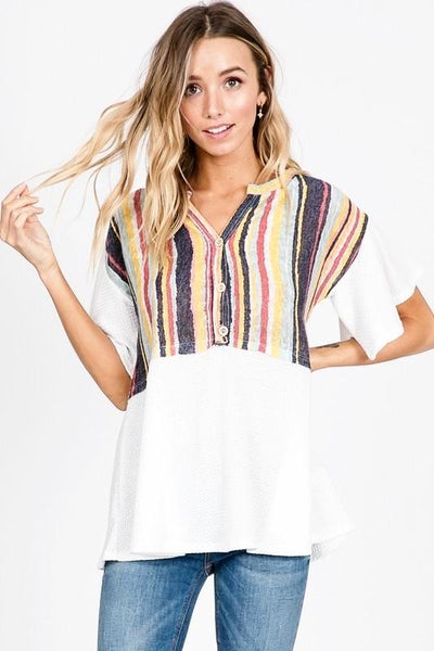 BUTTON UP MULTI STRIPE TOP - The Pointe Boutique