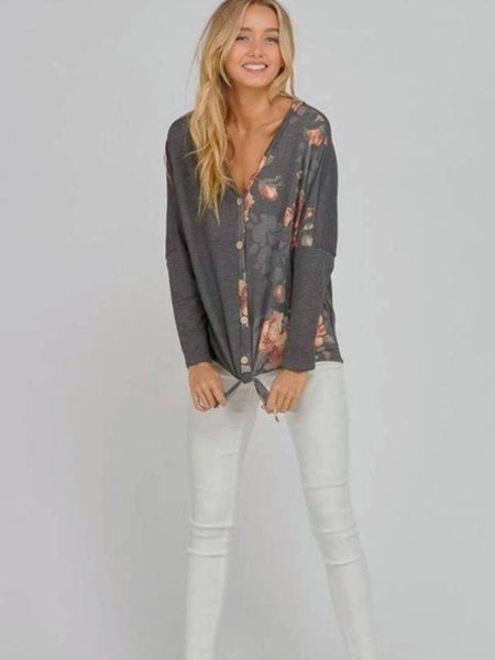 Charcoal Button Up Floral Printed Long Sleeve Top With Tied Bottom Detail - The Pointe Boutique