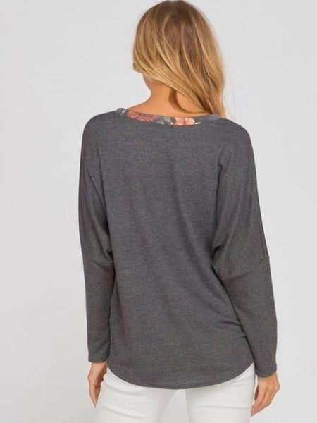 Charcoal Button Up Floral Printed Long Sleeve Top With Tied Bottom Detail - The Pointe Boutique