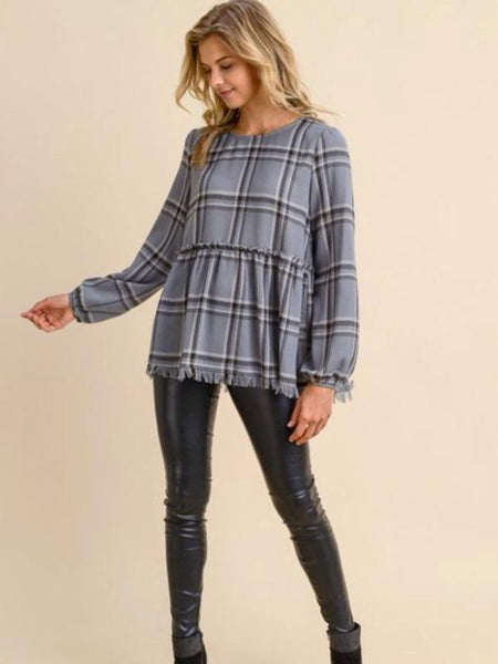Charcoal Plaid Peplum Top w/Frayed Edges - The Pointe Boutique