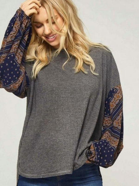 Charcoal/Navy Waffle Knit Top Featuring Contrast Floral Pattern Long Sleeves - The Pointe Boutique