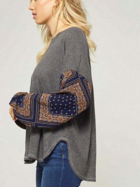 Charcoal/Navy Waffle Knit Top Featuring Contrast Floral Pattern Long Sleeves - The Pointe Boutique