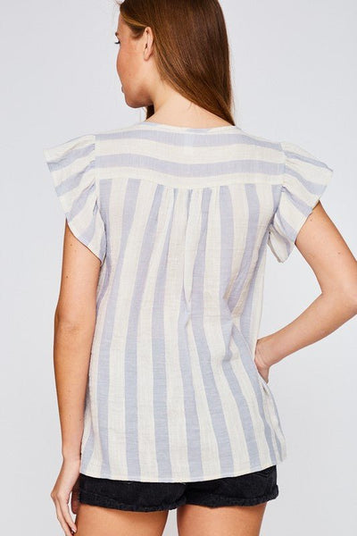 Flared Sleeve Embroidered Striped Top - The Pointe Boutique