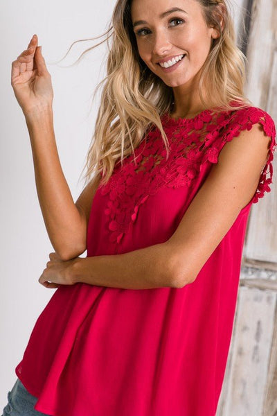 Fuchsia Floral Lace Mock Neck Top - The Pointe Boutique