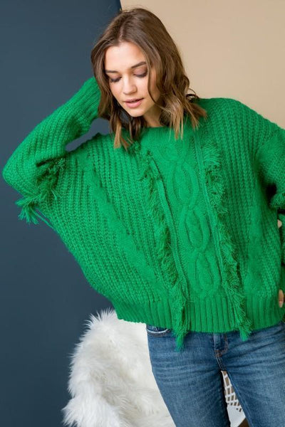 Green Cable Knit Sweater With Fringe - The Pointe Boutique