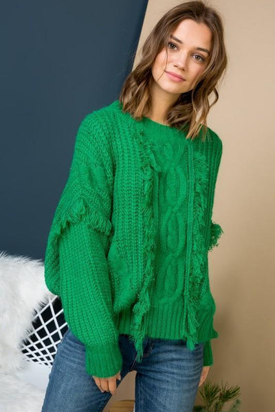 Green Cable Knit Sweater With Fringe - The Pointe Boutique