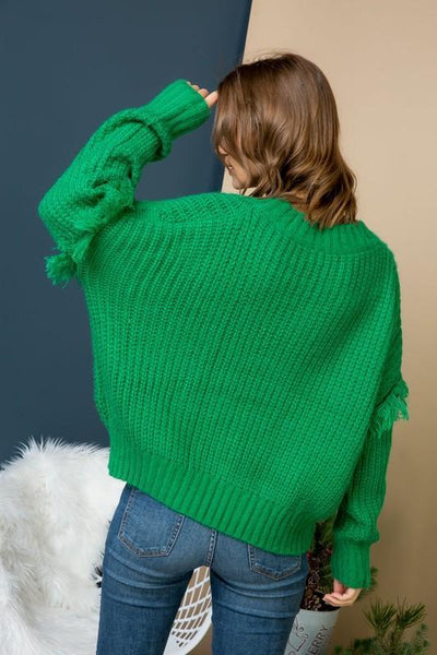 Green Cable Knit Sweater With Fringe - The Pointe Boutique
