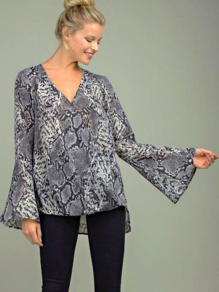 Grey Snakeskin Long Bell Sleeve Blouse - The Pointe Boutique