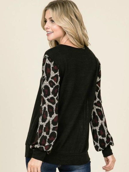 Grey/Wine Leopard Print Bubble Sleeve Tunic Top - The Pointe Boutique
